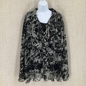 Maggie Barnes Blouse Women 4X Black White Abstract Ruffle Flowy Lined Romantic